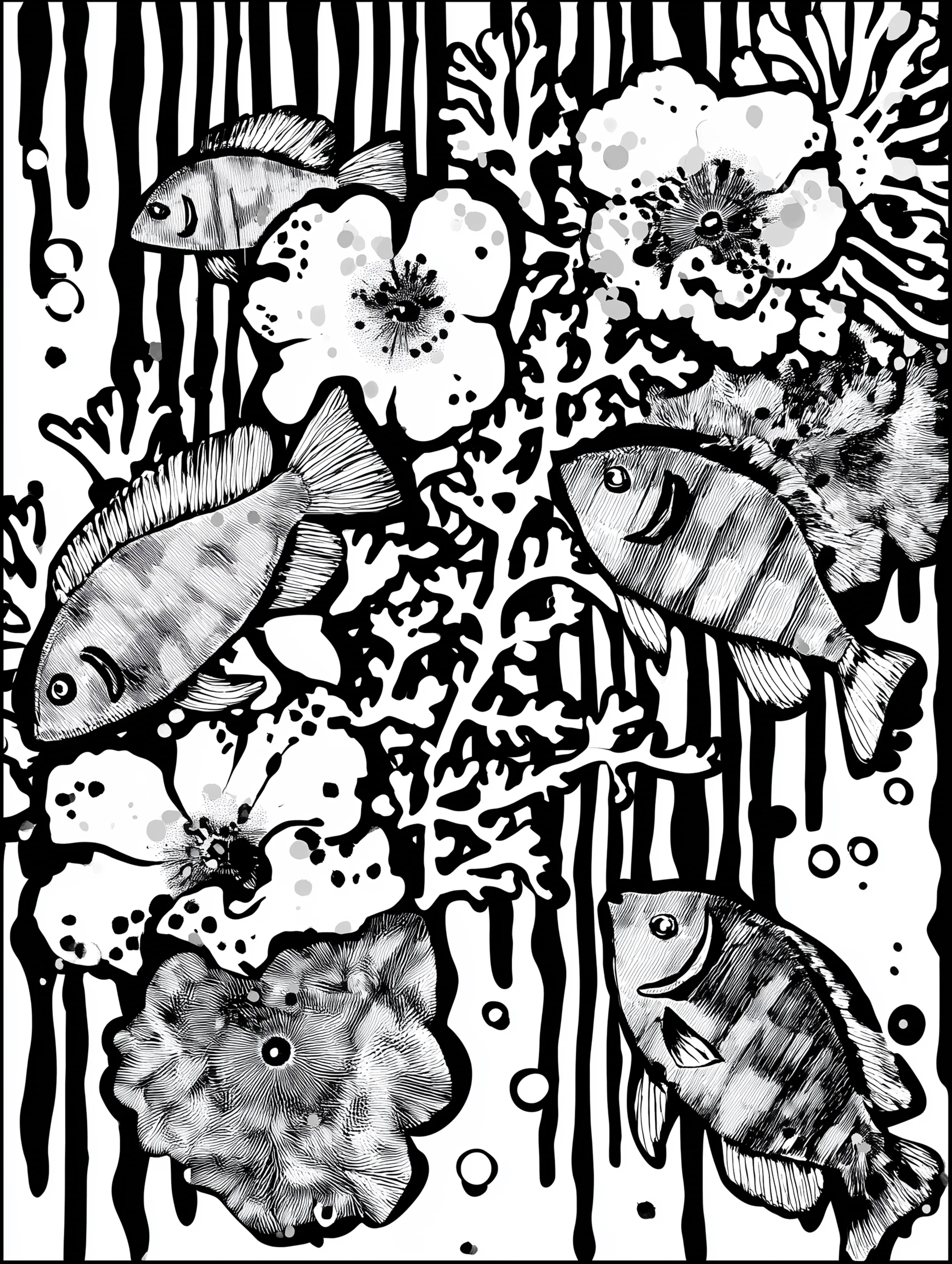 Free printable underwater coloring page for adults featuring a jumble of fish swimming together